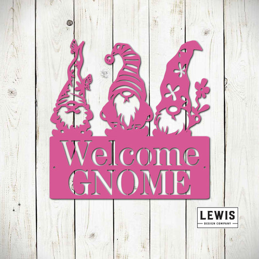 Black metal Welcome Gnome sign for garden and patio decor, outdoor wall decoration, outdoor living space, by Lewis Design Company.