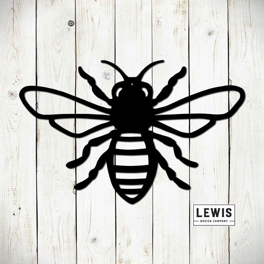 Black metal Honey Bee Garden Sign by Lewis Design Company, outdoor bee wall decor with a bumble bee and honey theme for patio or garden.