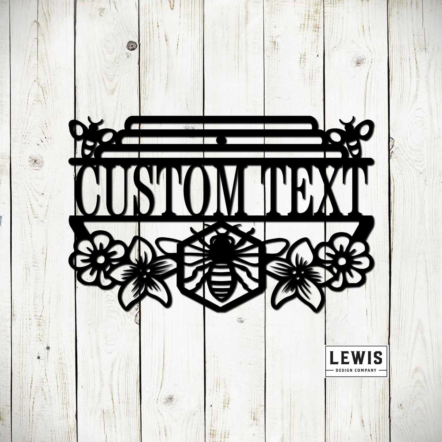 Personalized honey bee garden sign hanging outdoors, featuring custom black garden art from Lewis Design Company for patio decor.