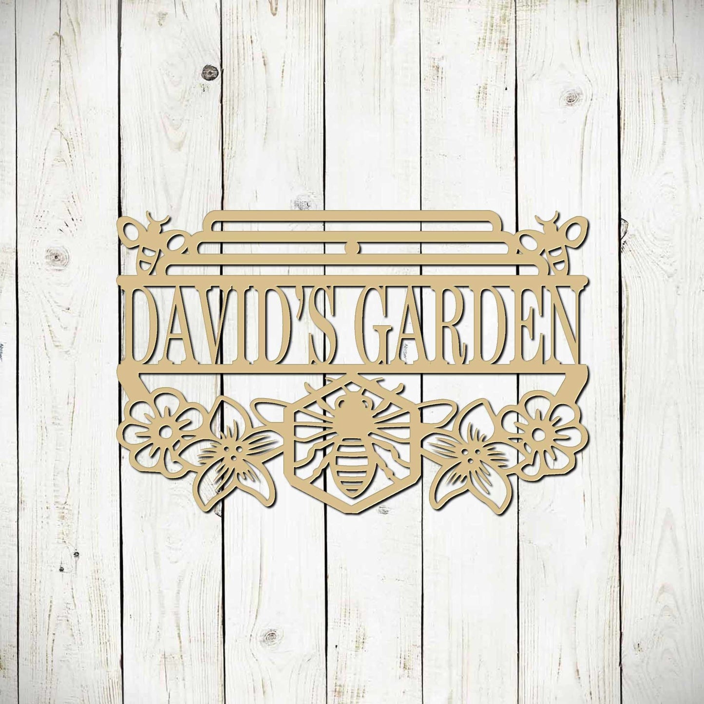 Black personalized bee garden hanging sign by Lewis Design Company, outdoor patio and garden decor featuring a honey bee design.