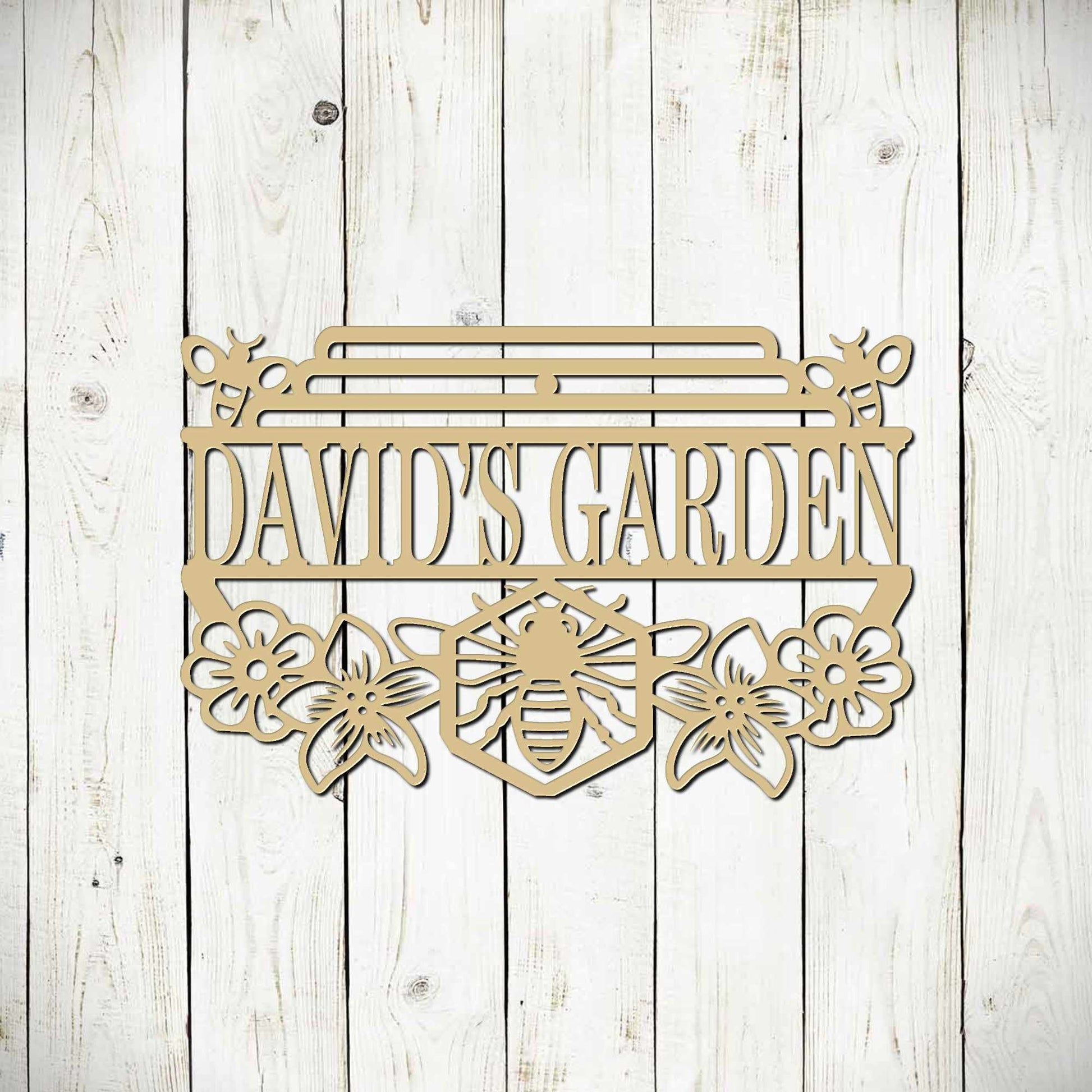 Black personalized bee garden hanging sign by Lewis Design Company, outdoor patio and garden decor featuring a honey bee design.