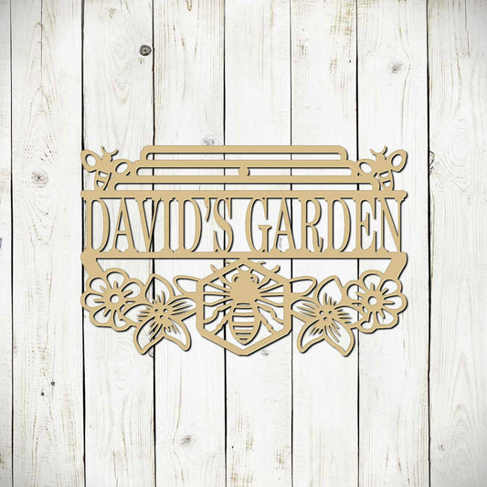 Black personalized bee garden hanging sign by Lewis Design Company, outdoor patio and garden decor featuring a honey bee design.