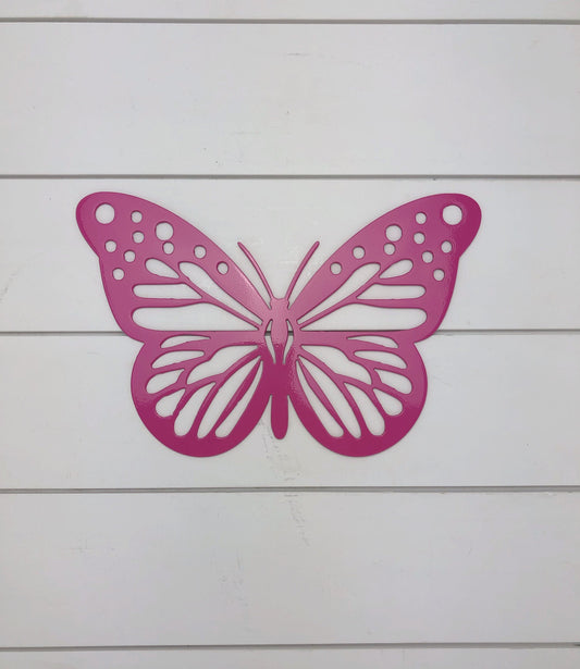Black metal butterfly sign from Lewis Design Company, outdoor garden decor with butterfly motifs, ideal for patio and garden decoration.