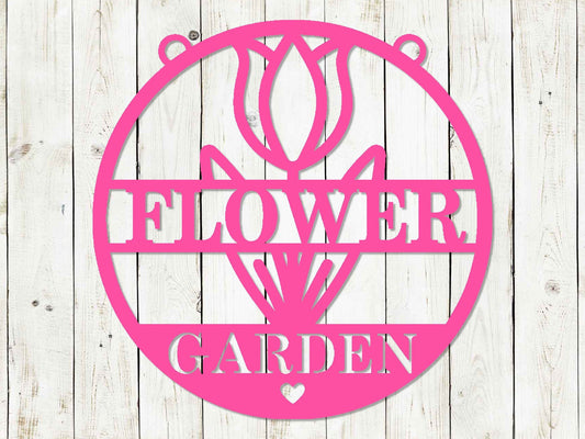 Black 12x12 Flower Garden Custom Hanging Sign by Lewis Design Company for outdoor patio and garden decor.