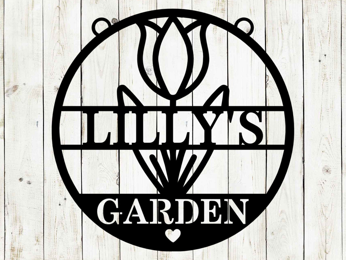 Black 12x12 Flower Garden Custom Hanging Sign by Lewis Design Company, outdoor patio and garden art with floral design.