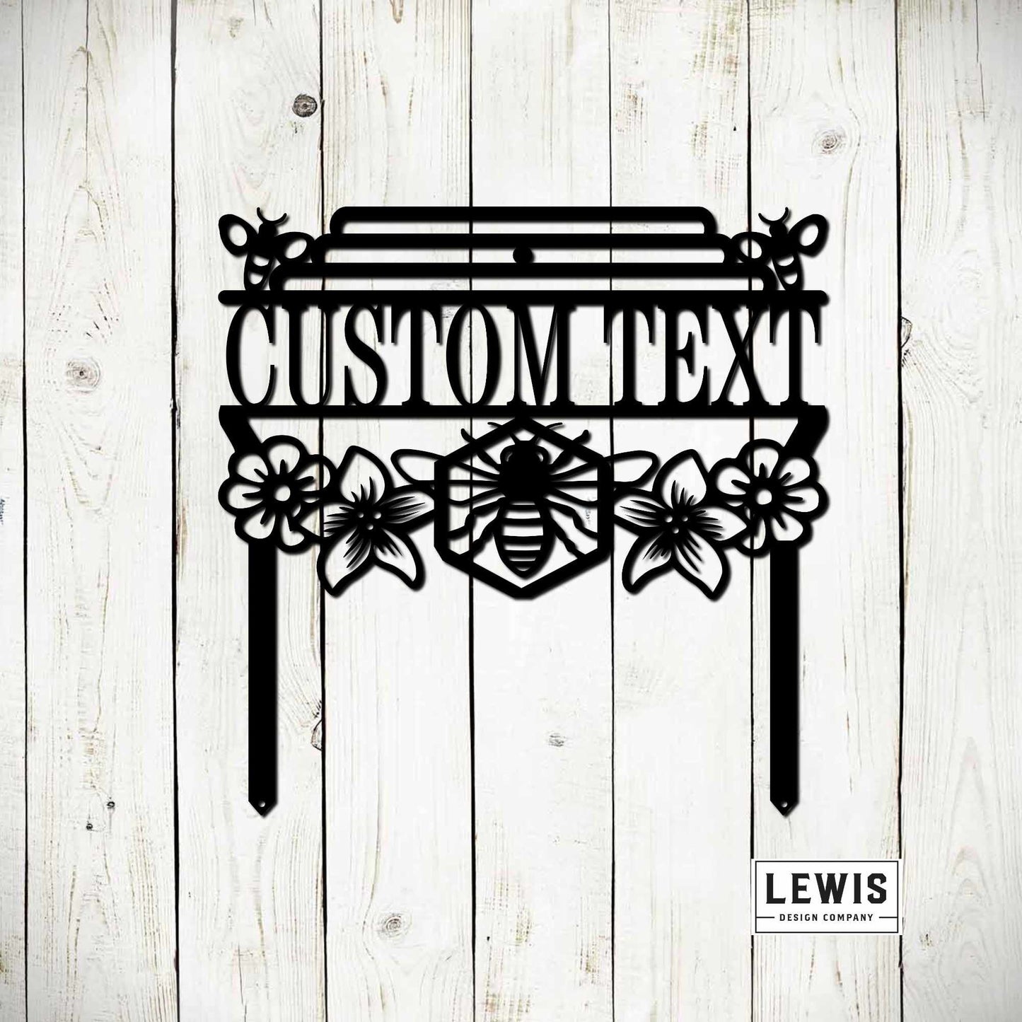 Black metal bee garden stake sign by Lewis Design Company, outdoor patio garden art with honey bee design, 15x15 inches
