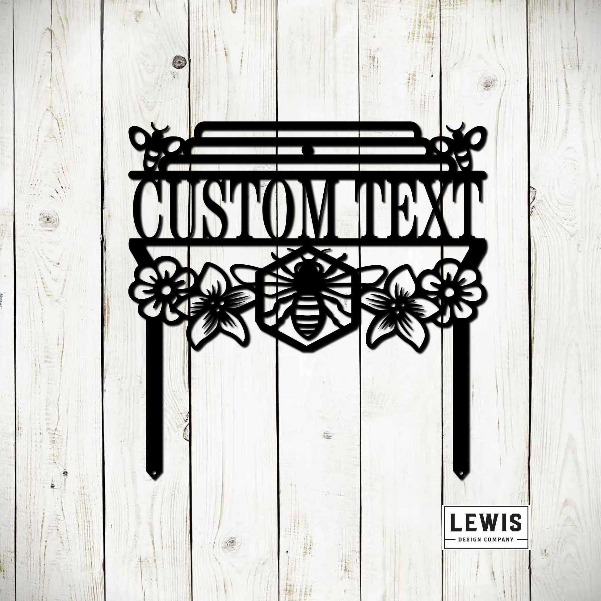 Black metal bee garden stake sign by Lewis Design Company, outdoor patio garden art with honey bee design, 15x15 inches