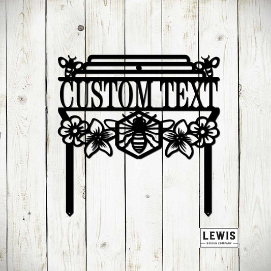 Black metal bee garden stake sign by Lewis Design Company, outdoor patio garden art with honey bee design, 15x15 inches