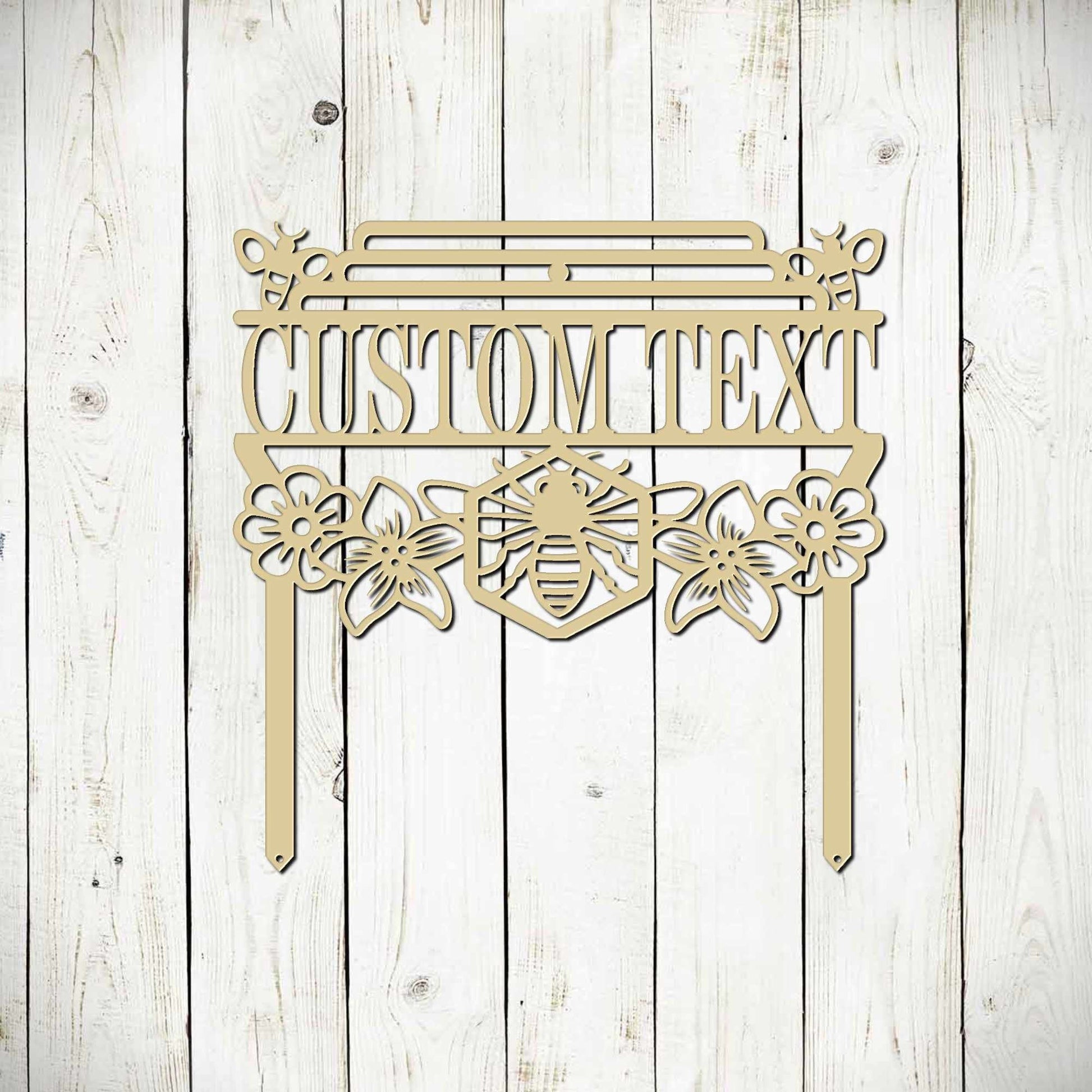 Black metal bee garden stake sign featuring a honey bee design, outdoor patio and garden art by Lewis Design Company.