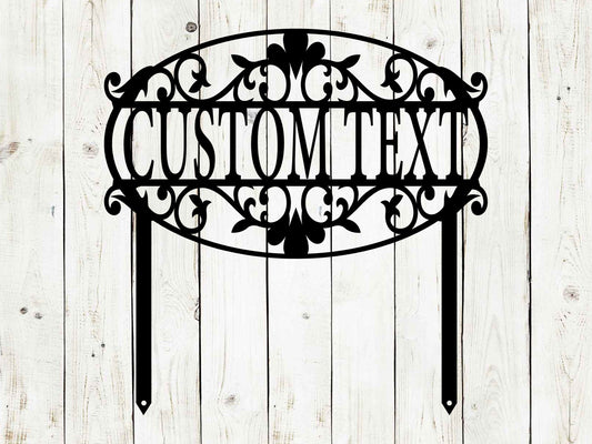 Black 15x15 custom decorative garden sign by Lewis Design Company, outdoor patio and garden art with address engraving.