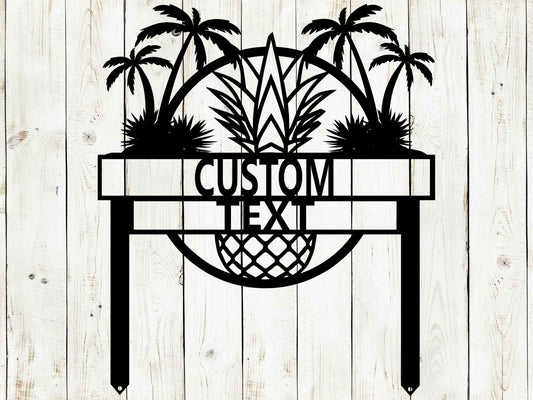 Black custom tropical garden sign for beach house, outdoor patio and garden art by Lewis Design Company, 15x17.5 inches.