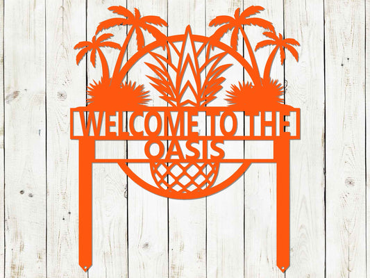 Black custom tropical garden sign by Lewis Design Company, outdoor patio and beach house garden art, 15x17.5 inches.