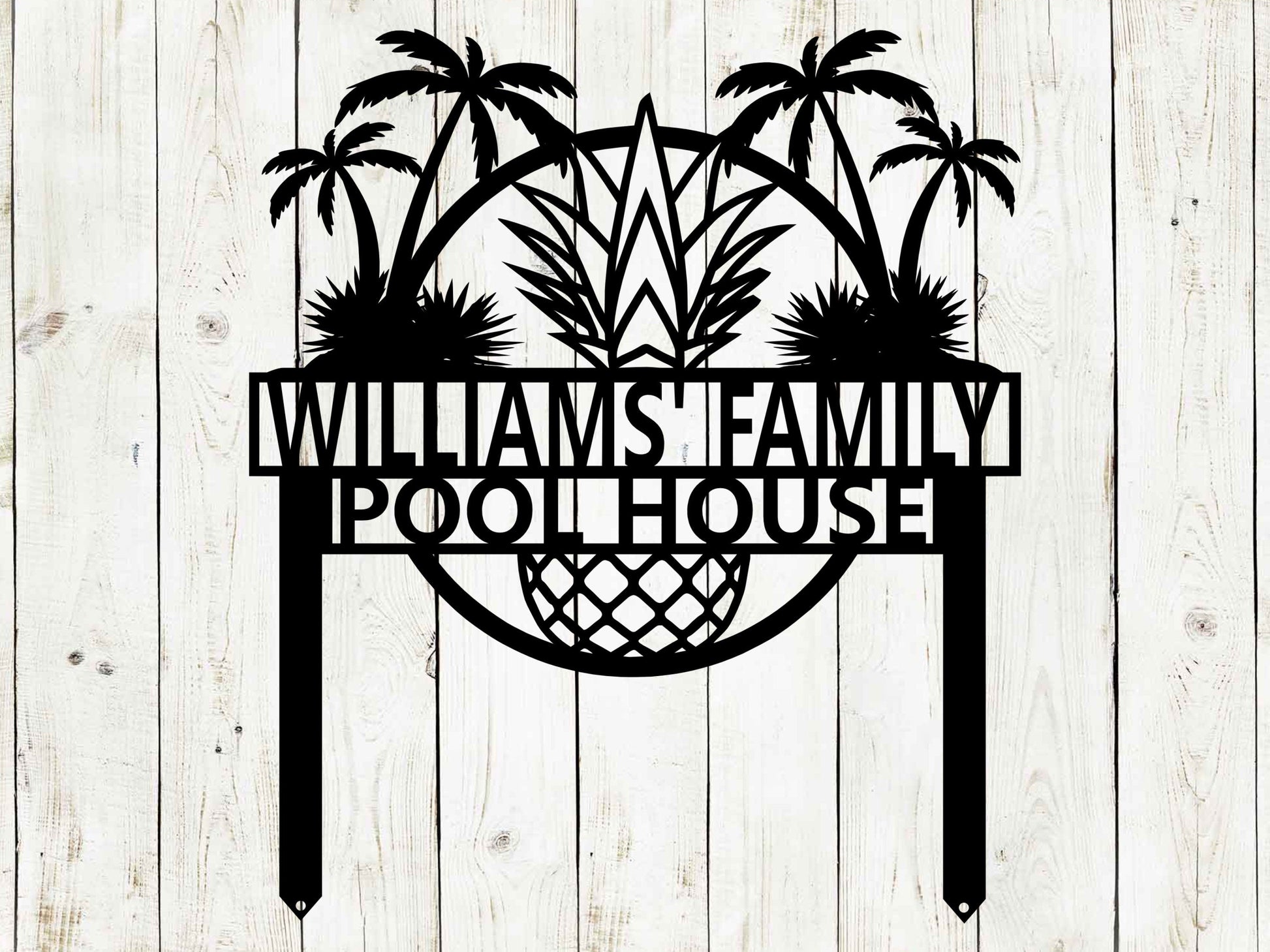 Black custom tropical garden sign by Lewis Design Company, outdoor patio and beach house garden art, 15x17.5 inches.
