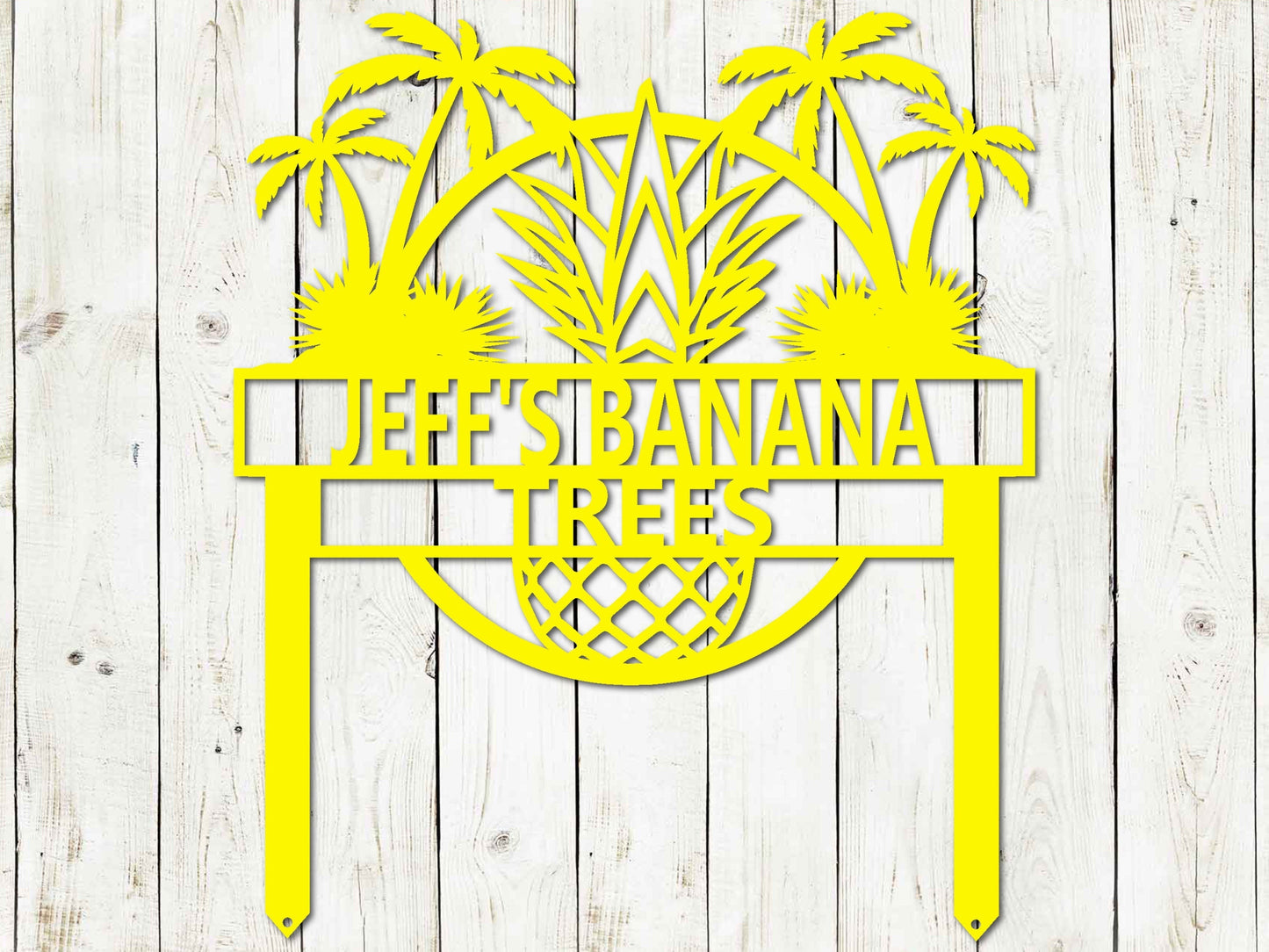 Custom tropical garden sign by Lewis Design Company, black outdoor patio art with beach house design, 15x17.5 inches.