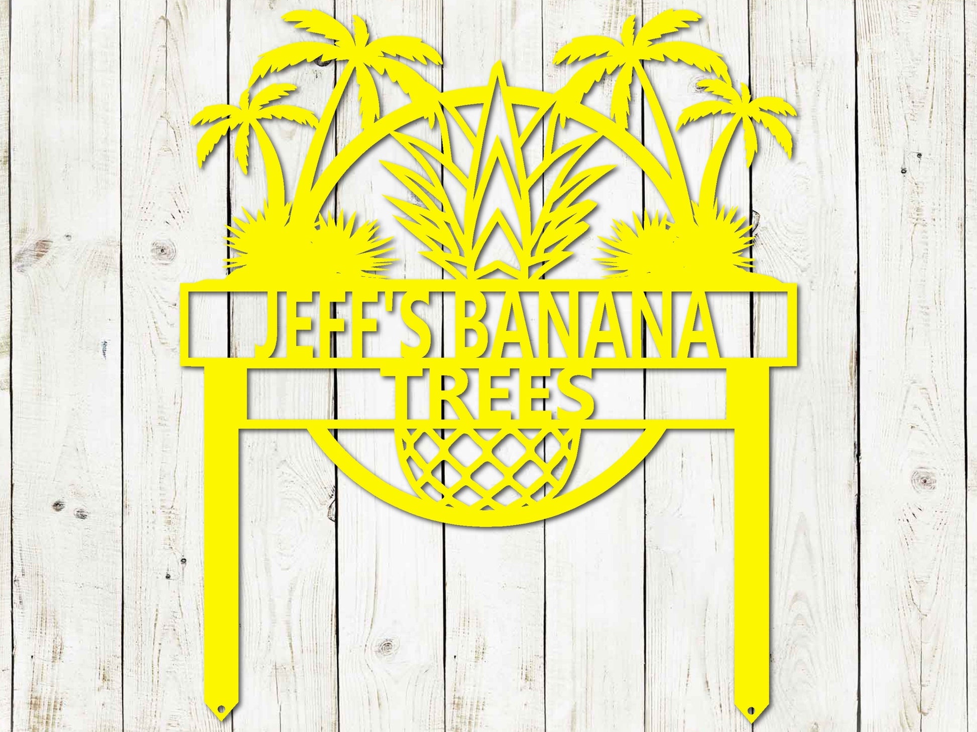 Custom tropical garden sign by Lewis Design Company, black outdoor patio art with beach house design, 15x17.5 inches.