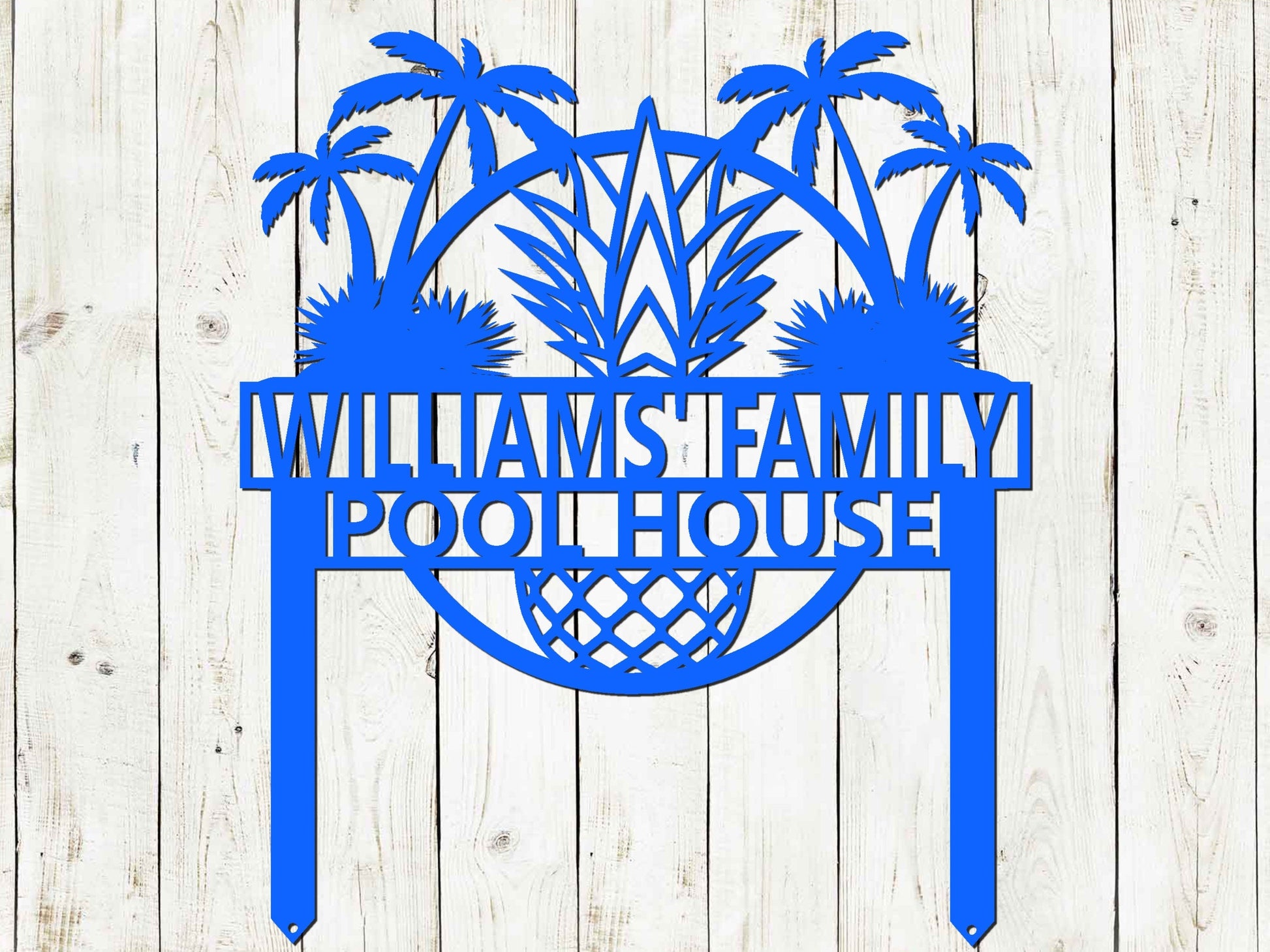 Custom tropical garden sign by Lewis Design Company, black outdoor patio art with beach house theme, 15x17.5 inches.