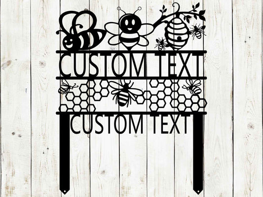 Black custom honey bee garden sign by Lewis Design Company, outdoor patio and garden art for bee farm or garden decor.