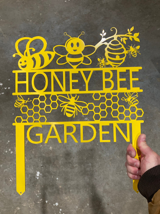 Custom Honey Bee Garden Sign by Lewis Design Company, black outdoor patio garden art for bee farm decor, 17x13 inches.