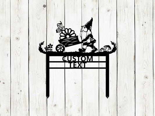 Black custom garden gnome sign by Lewis Design Company, outdoor patio and garden decor, 17x17 inch artistic garden art piece.