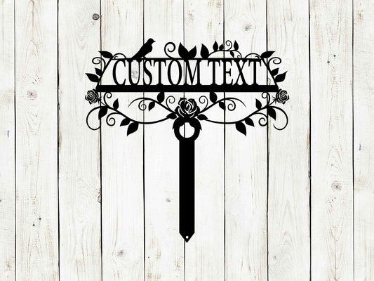 Black 20x20 custom garden sign by Lewis Design Company featuring "Rose Garden" for outdoor patio and garden decor.