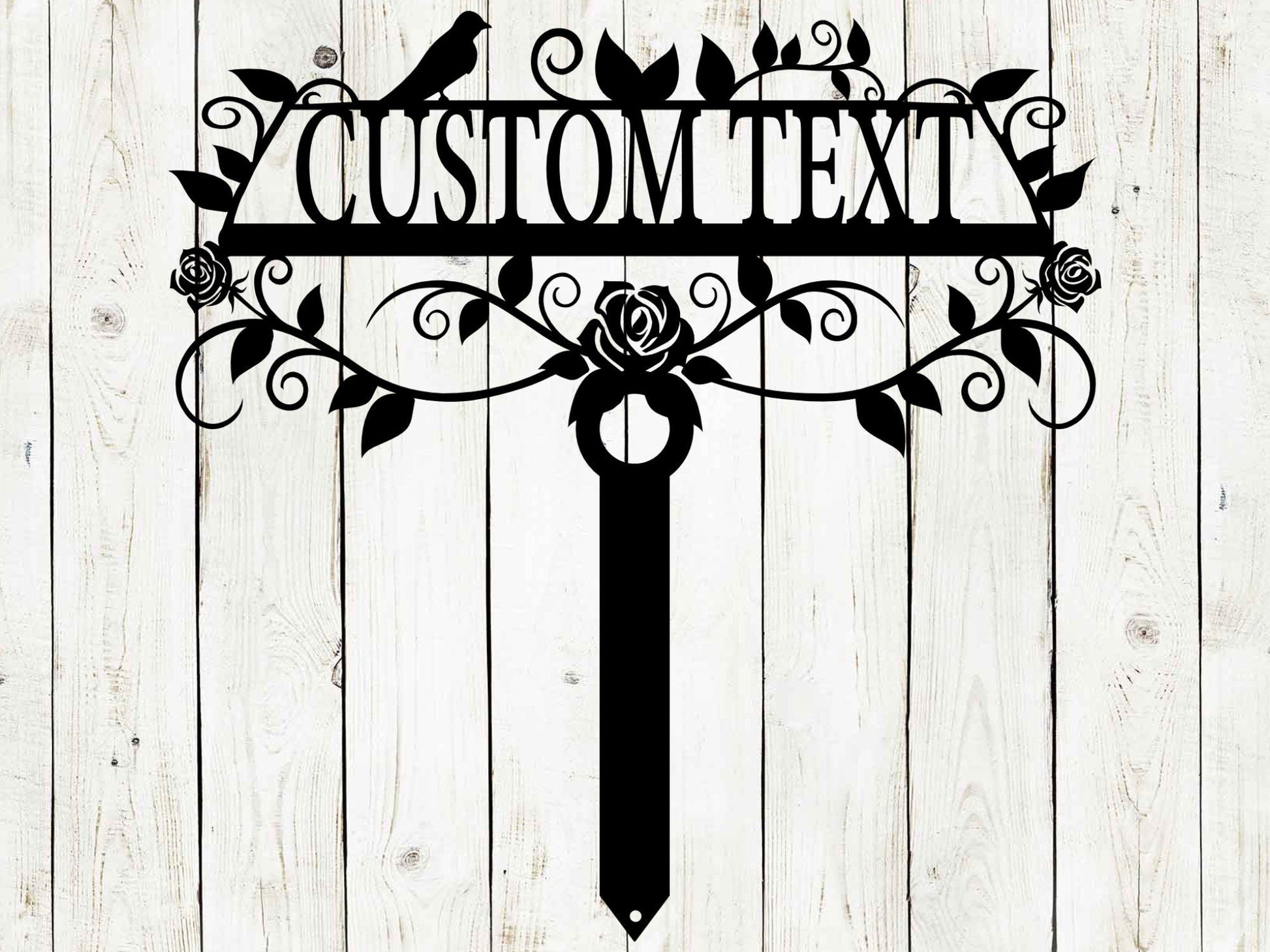Black 20x20 custom garden sign from Lewis Design Company featuring "Rose Garden" outdoor patio and garden art.