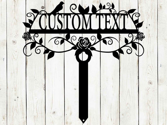 Black 20x20 custom garden sign with "Rose Garden" text, outdoor patio and garden art by Lewis Design Company.