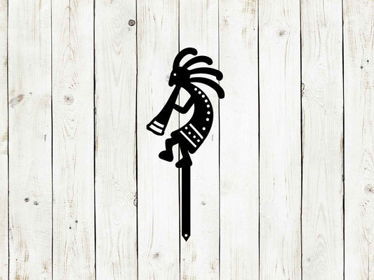 Black Kokopelli metal yard stake by Lewis Design Company, outdoor garden decor, wall art, and custom metal sign for patio.
