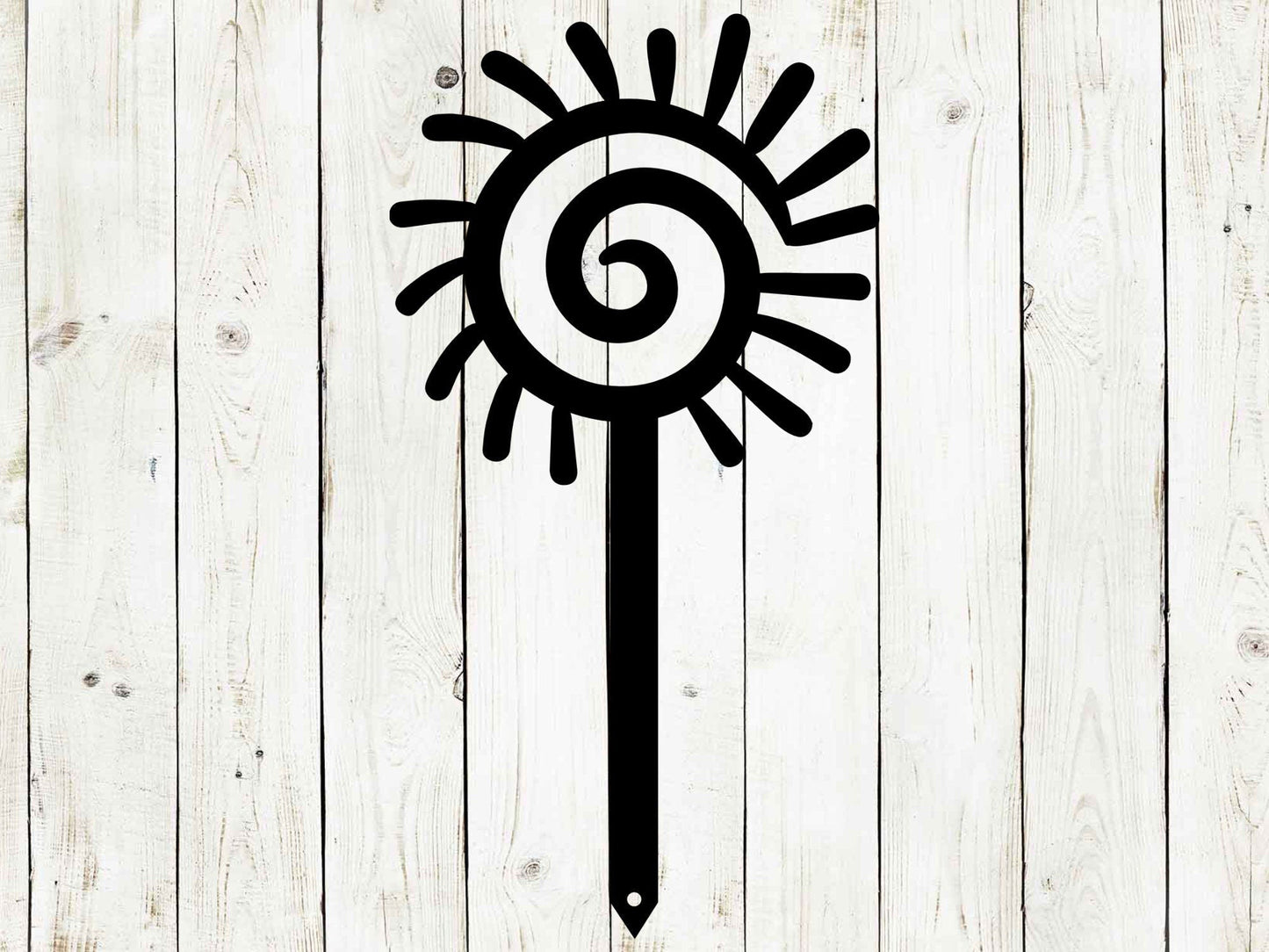 Black Sun metal yard stake from Lewis Design Company, outdoor garden decor, 22.5x8 inches, decorative outdoor patio art.