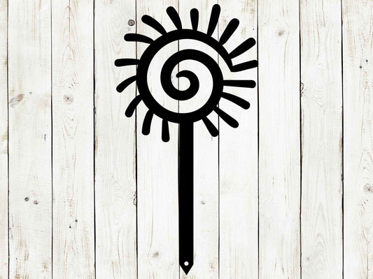 Black Sun metal yard stake from Lewis Design Company, outdoor garden decor, 22.5x8 inches, decorative outdoor patio art.