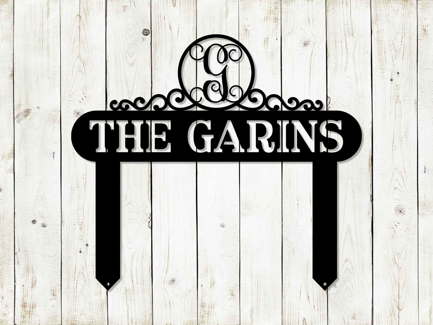 Black Monogram Scroll Yard and Garden Sign by Lewis Design Company, outdoor patio and garden art, 22x19 inches.