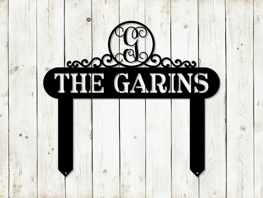 Black Monogram Scroll Yard and Garden Sign by Lewis Design Company, outdoor patio and garden art, 22x19 inches.