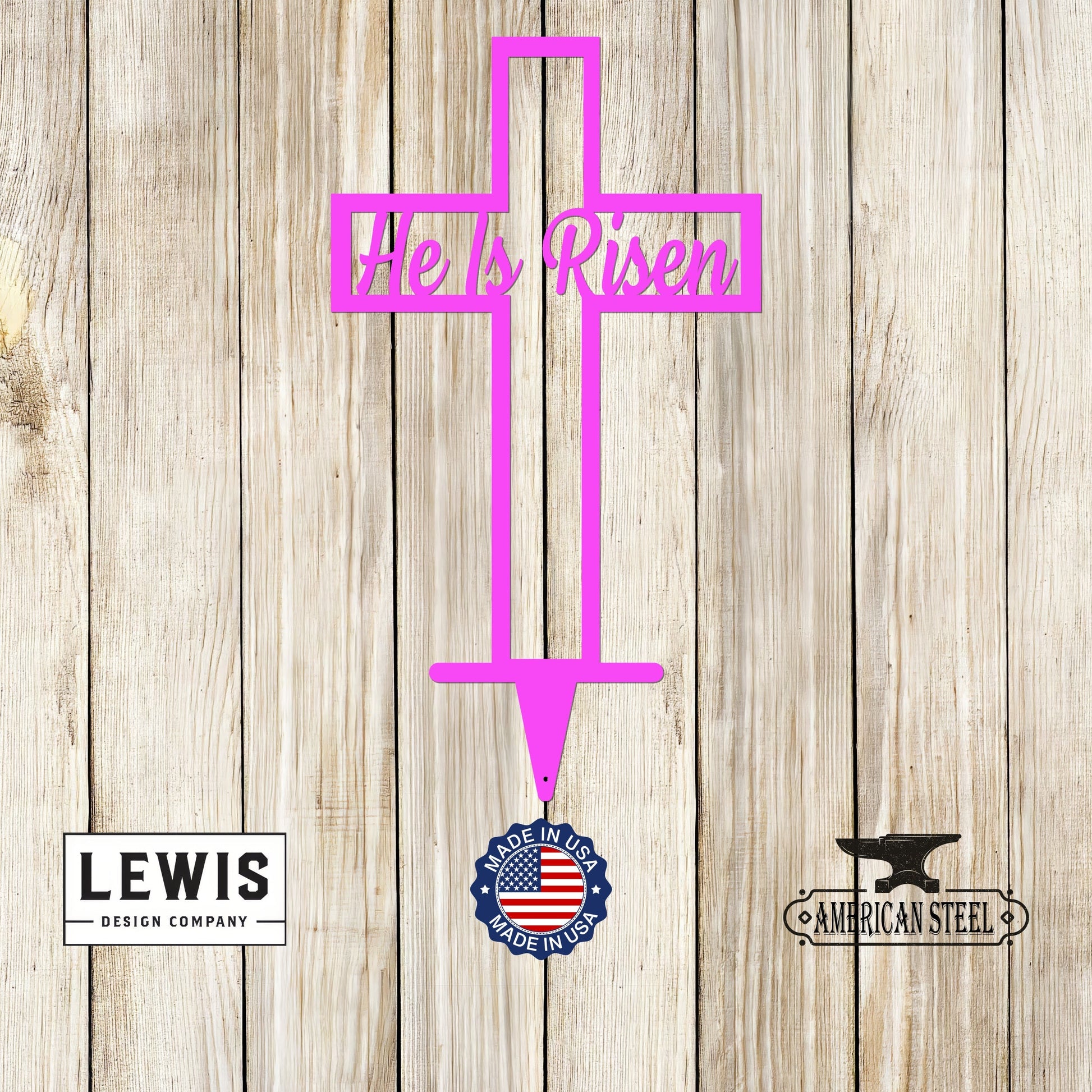 Pastel blue He Is Risen cross metal garden sign by Lewis Design Company, outdoor Easter yard decor, 8x4 inches.