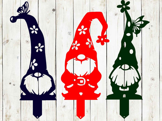 Black metal gnome garden stakes and signs from Lewis Design Company, outdoor patio and garden art, featuring whimsical gnome designs.