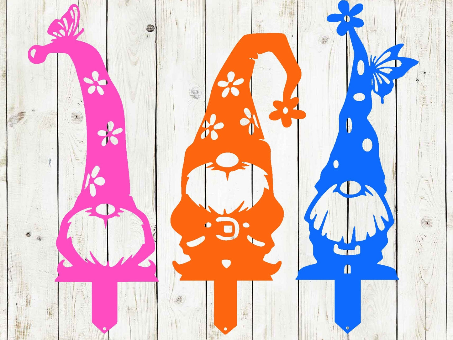 Black metal gnome garden stakes and signs from Lewis Design Company, outdoor patio and garden art featuring whimsical gnome designs.