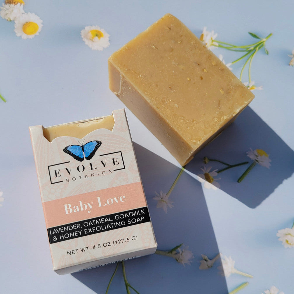 Evolve Botanica Baby Love Goatmilk Specialty Soap with gentle, creamy lather in a natural soap bar for sensitive skin