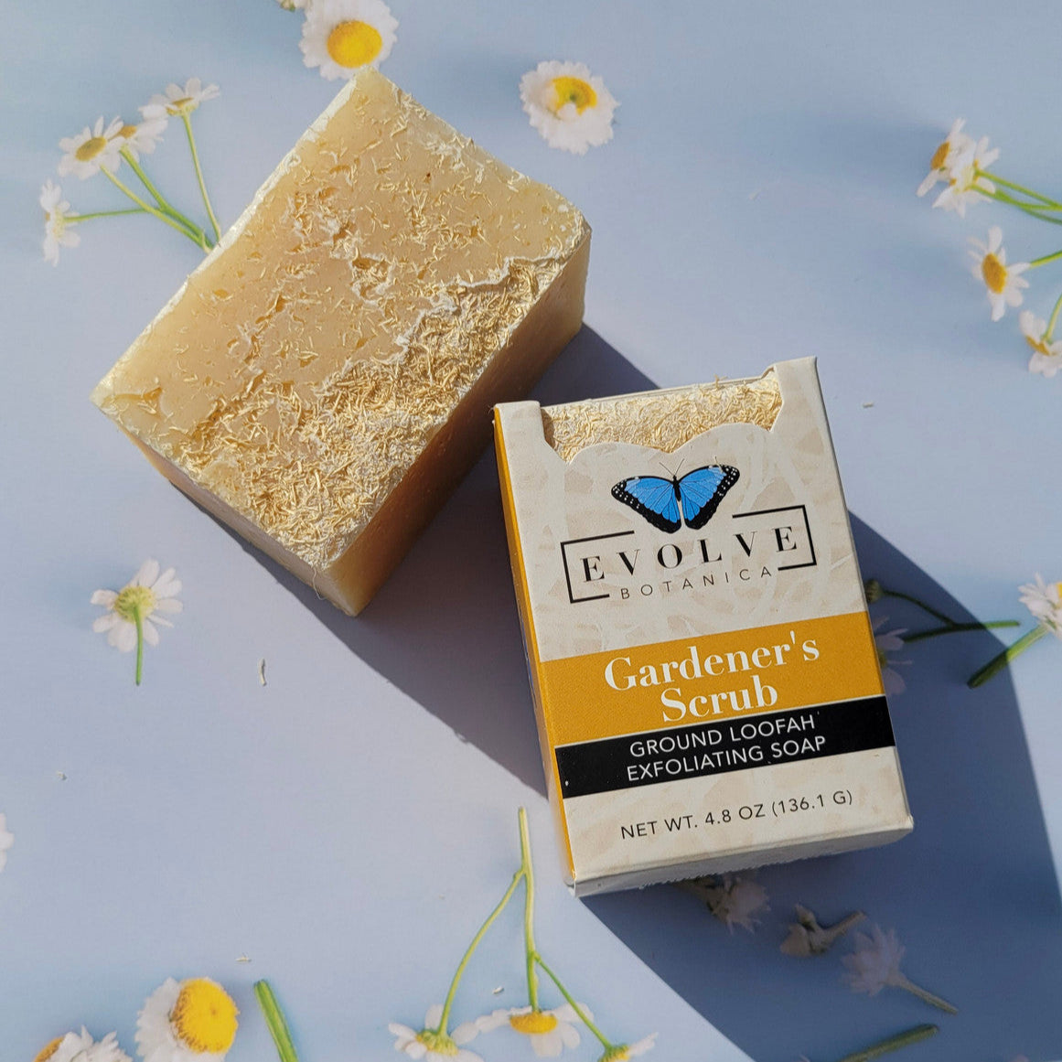 Evolve Botanica Gardener's Specialty Soap with natural ingredients, shown in a rustic soap bar with botanical accents.