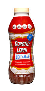 Light Dorothy Lynch Salad Dressing in 16 oz bottle, gluten-free Homestyle & Light & Lean varieties, displayed in a food bundle image.