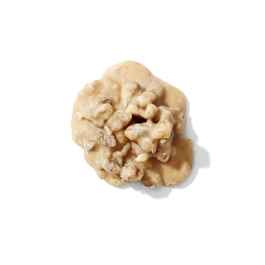 Six creamy walnut pralines from Louisiana Candy Company, close-up of golden caramel and chopped walnuts on a white background.