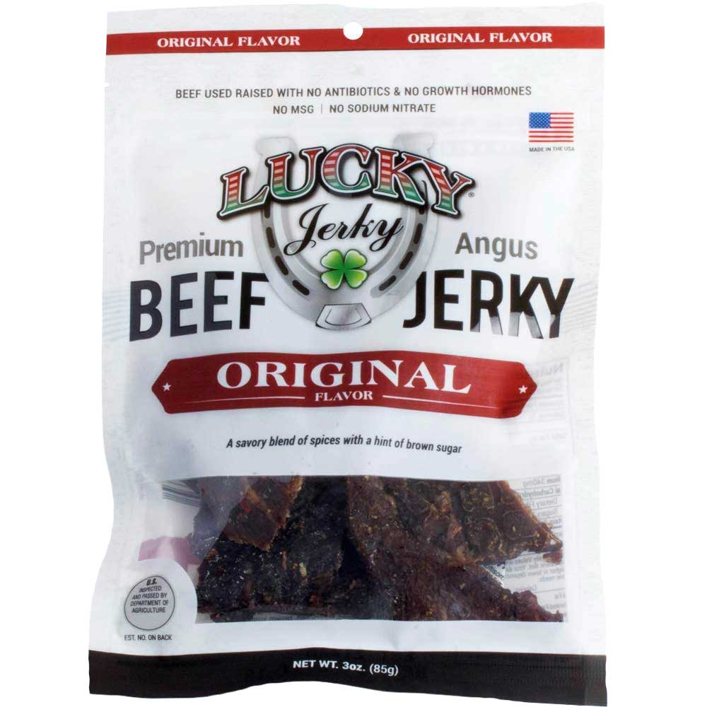 Sliced original beef jerky from Nebraska Star Beef in a 3 oz package, ready to eat, with visible strips of seasoned dried beef.