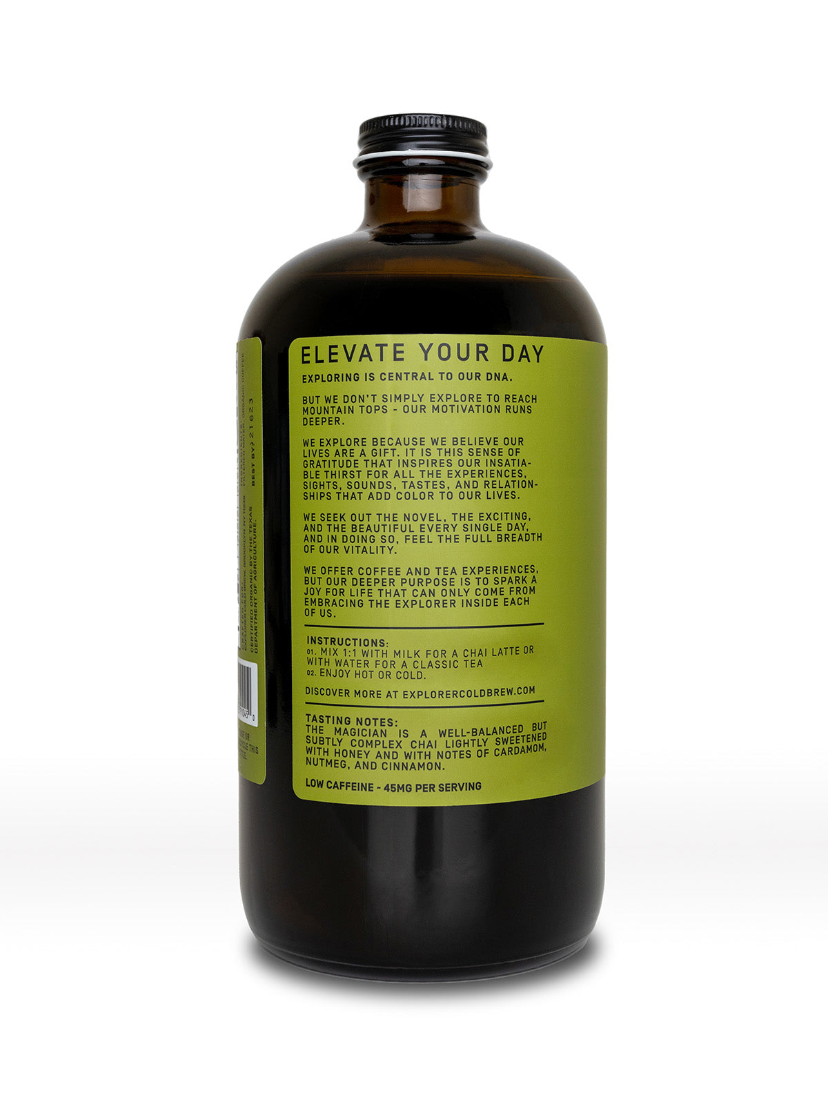 32oz Explorer Cold Brew Chai Concentrate bottle for tea and infusions, featuring a magician-themed label design.