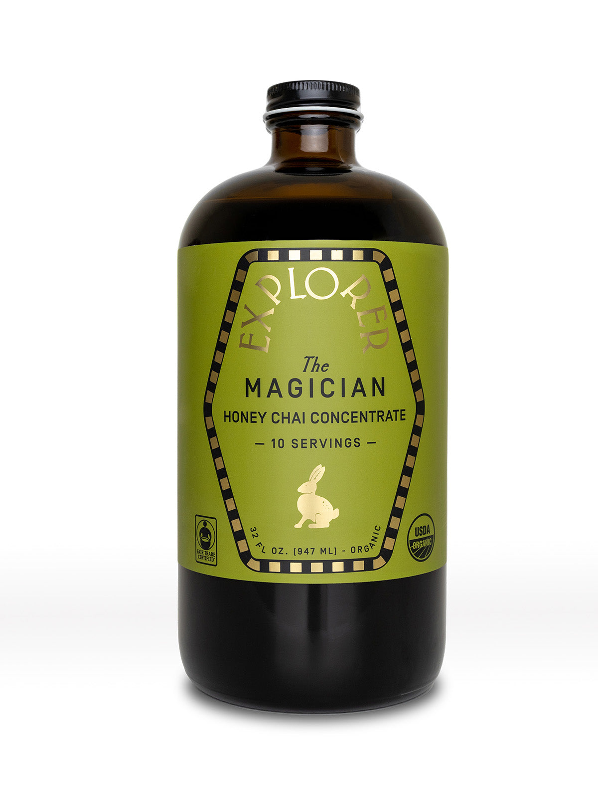 Front view of Explorer Cold Brew 32oz Chai Concentrate bottle, showcasing the tea and infusions product with a magician-themed label design.