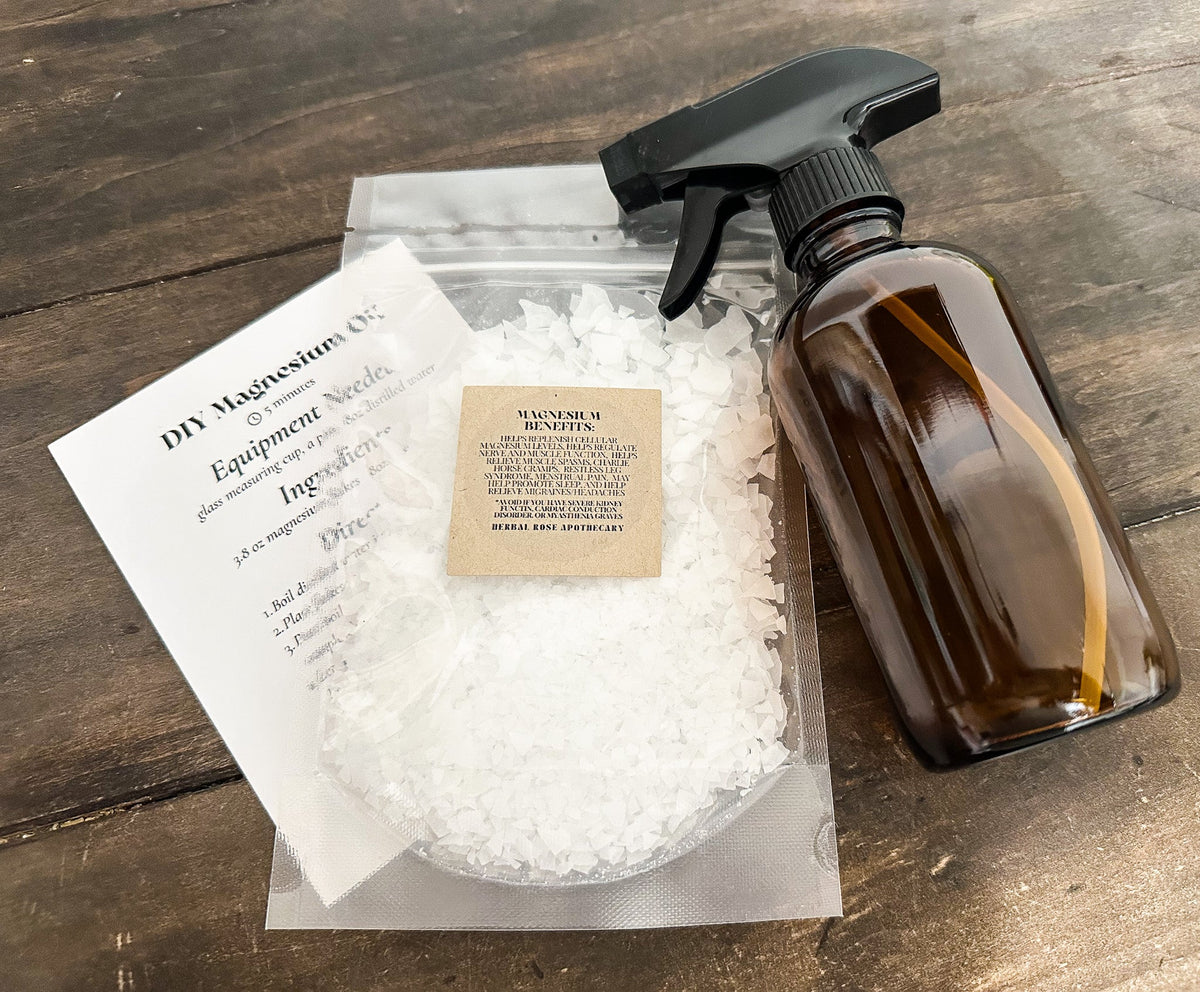 DIY magnesium oil spray from herbalroseapothecary apothecary kit, showing a spray bottle with magnesium oil for topical use.