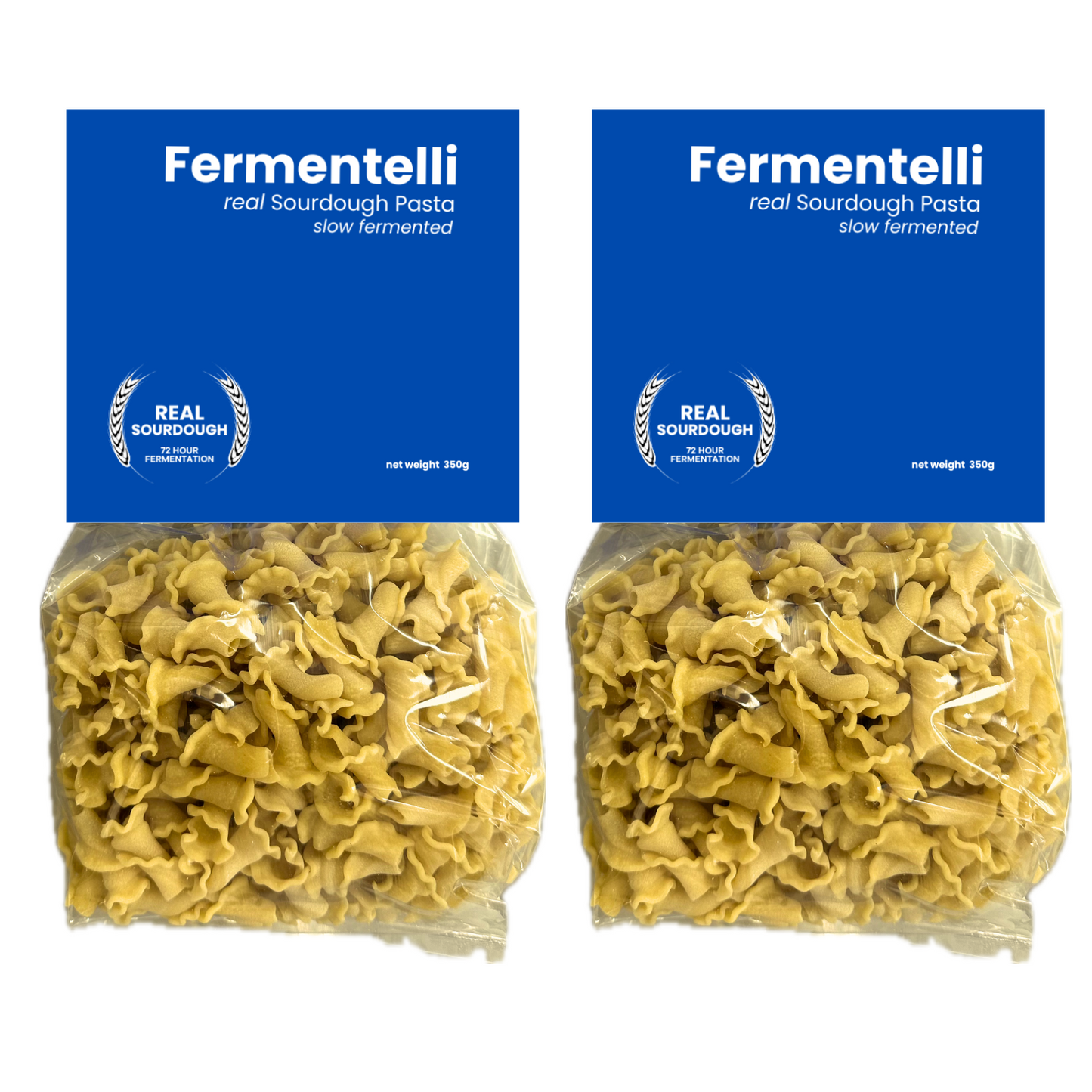 Fermentelli Sourdough Pasta Campanelle, 2-pack, featuring golden, ridged pasta shapes ideal for gourmet dishes.