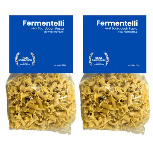 Fermentelli Sourdough Pasta Campanelle, 2-pack, featuring golden, ridged pasta shapes ideal for gourmet dishes.