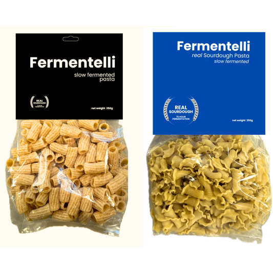 Fermentelli Pasta sourdough pasta combo pack showing assorted pasta varieties in a basket on a white background.
