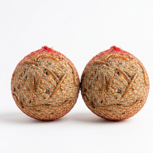 Two Quail & Gamebird Knödel enrichment feed balls with mealworms for quail, designed by Quailz.com for natural feeding.