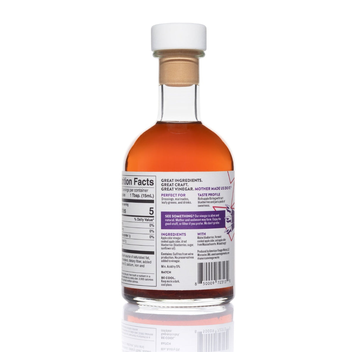 Back view of American Vinegar Works Wild Blueberry Apple Cider Vinegar bottle, showing the label and 250ml size.