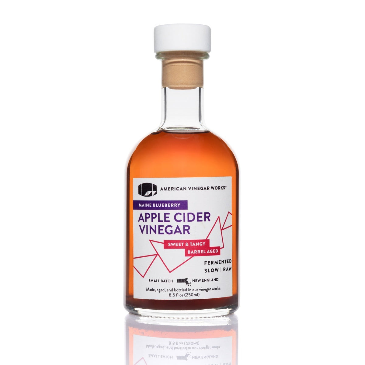 Front view of 250ml bottle of American Vinegar Works Wild Blueberry Apple Cider Vinegar showing the label and bottle shape.