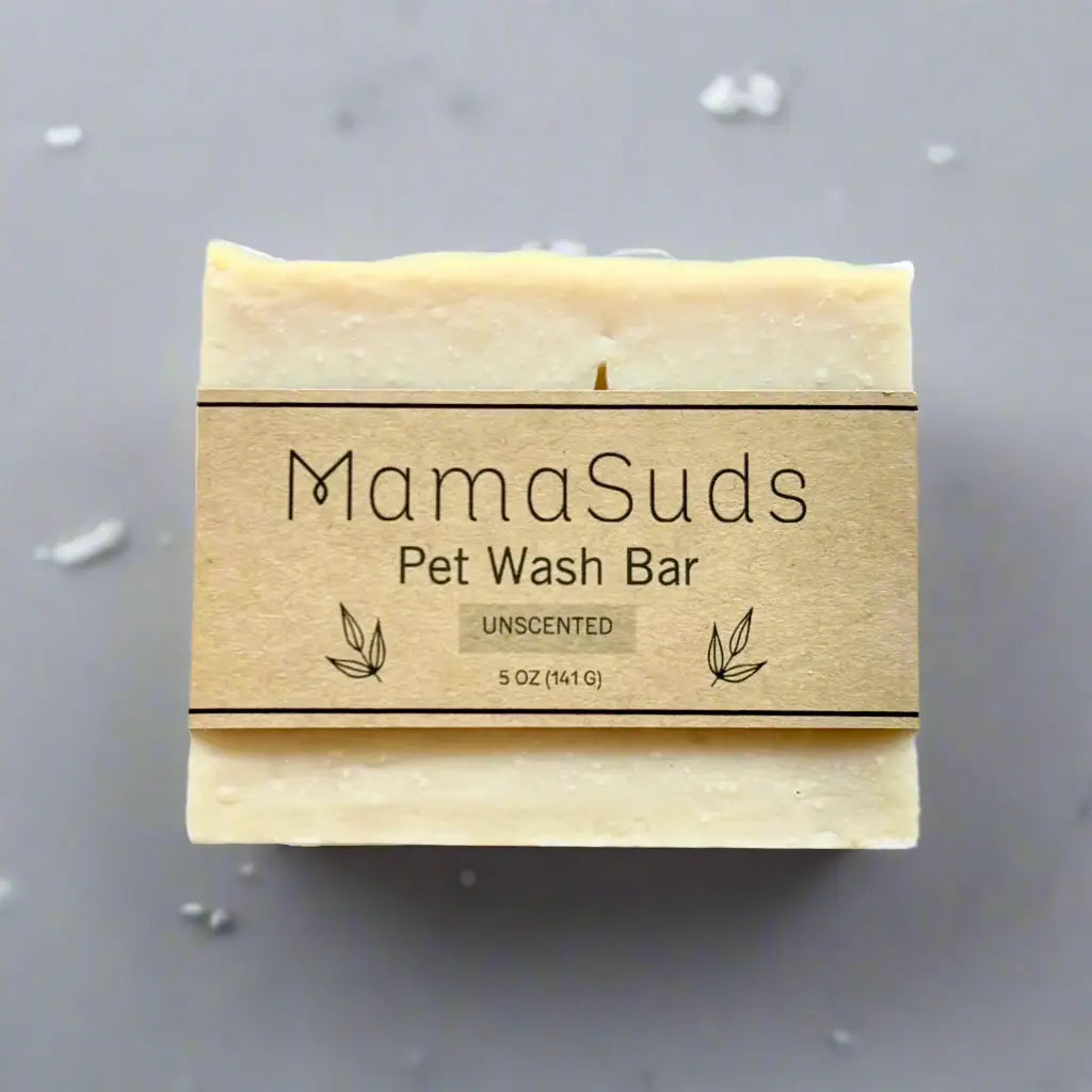 Unscented MamaSuds Pet Wash Bar Soap showing a natural, rectangular soap bar suitable for gentle pet cleaning.