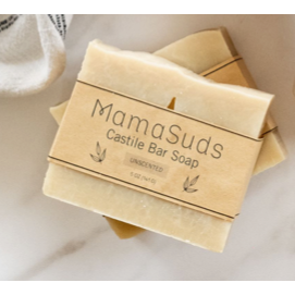 Unscented MamaSuds Castile Bar Soap showing a white rectangular soap bar on a neutral background.